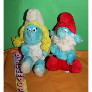 Vintage original Retro Peyo 1981 Smurfette And papa Smurf Stuffed Animal Toys 8"